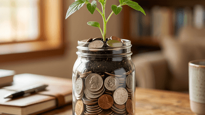 Glass jar filled with coins next to a growing seedling